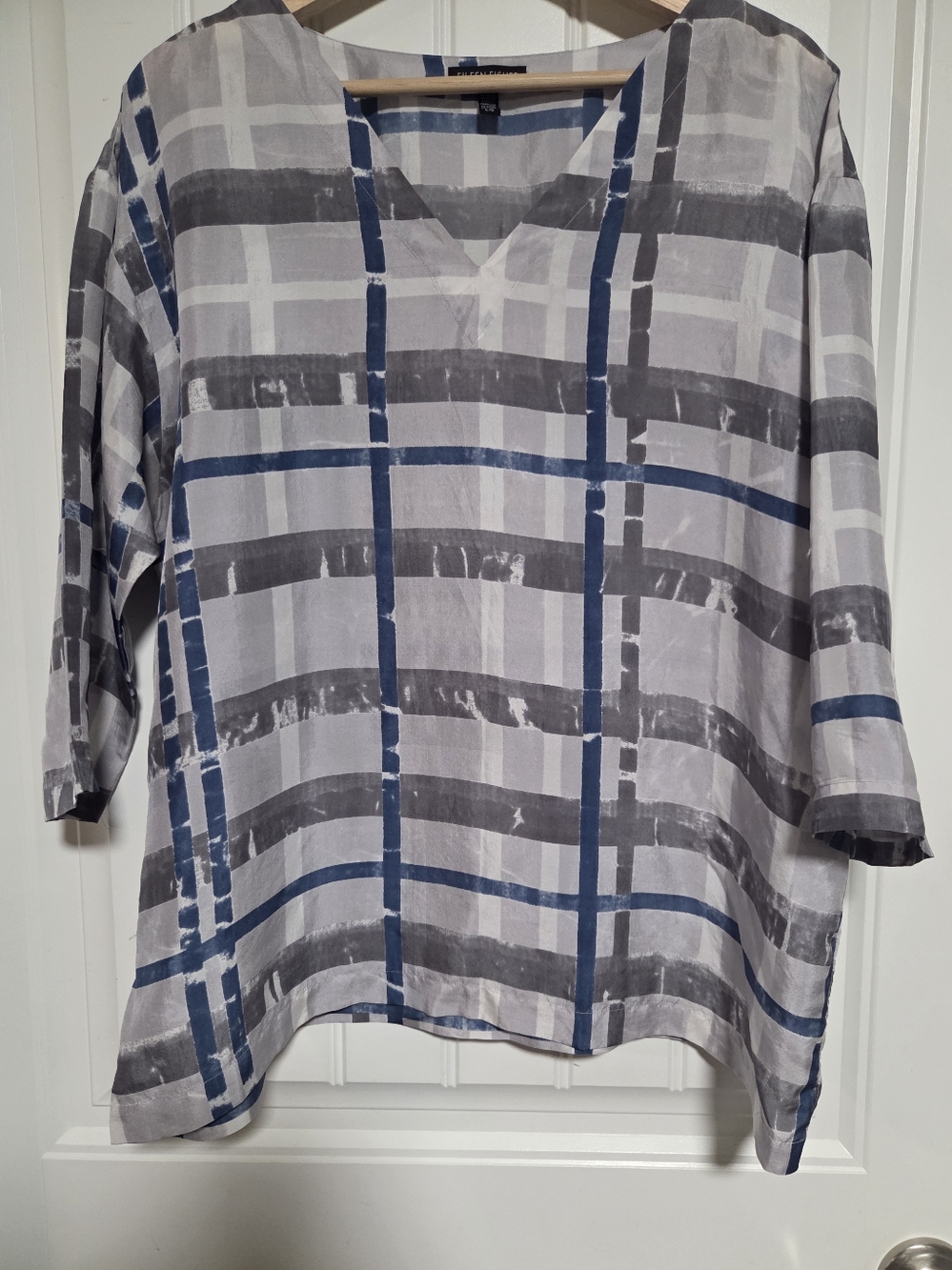Eileen Fisher Silk Light Gray and Blue Plaid V-Neck Tunic Blouse